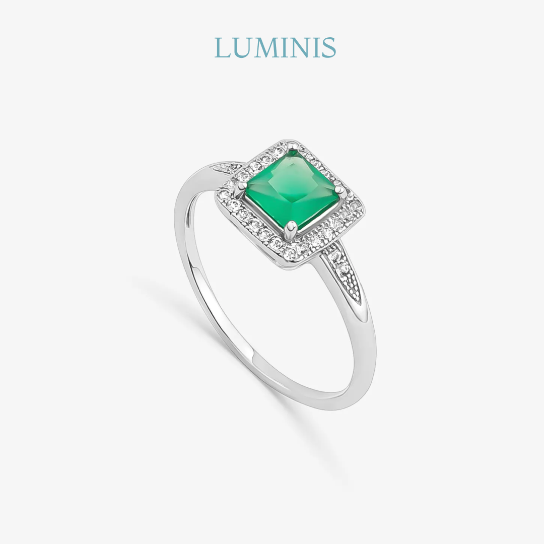 Bague Carrée avec Pierre Verte en Argent 925